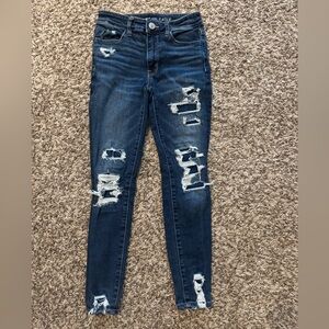 American Eagle Outfitters Women's Distressed Dark Blue Skinny Jeans